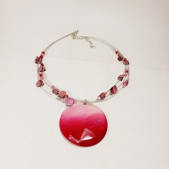 Seashell Pink Beaded Necklace with Pendant: Silver Tone Layered Illusion - Picture 5 of 6